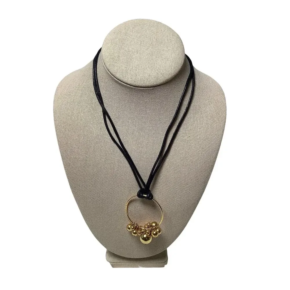 J.Crew Black Cord Gold Tone Ball Cluster Dangle Pendant Necklace F15-20